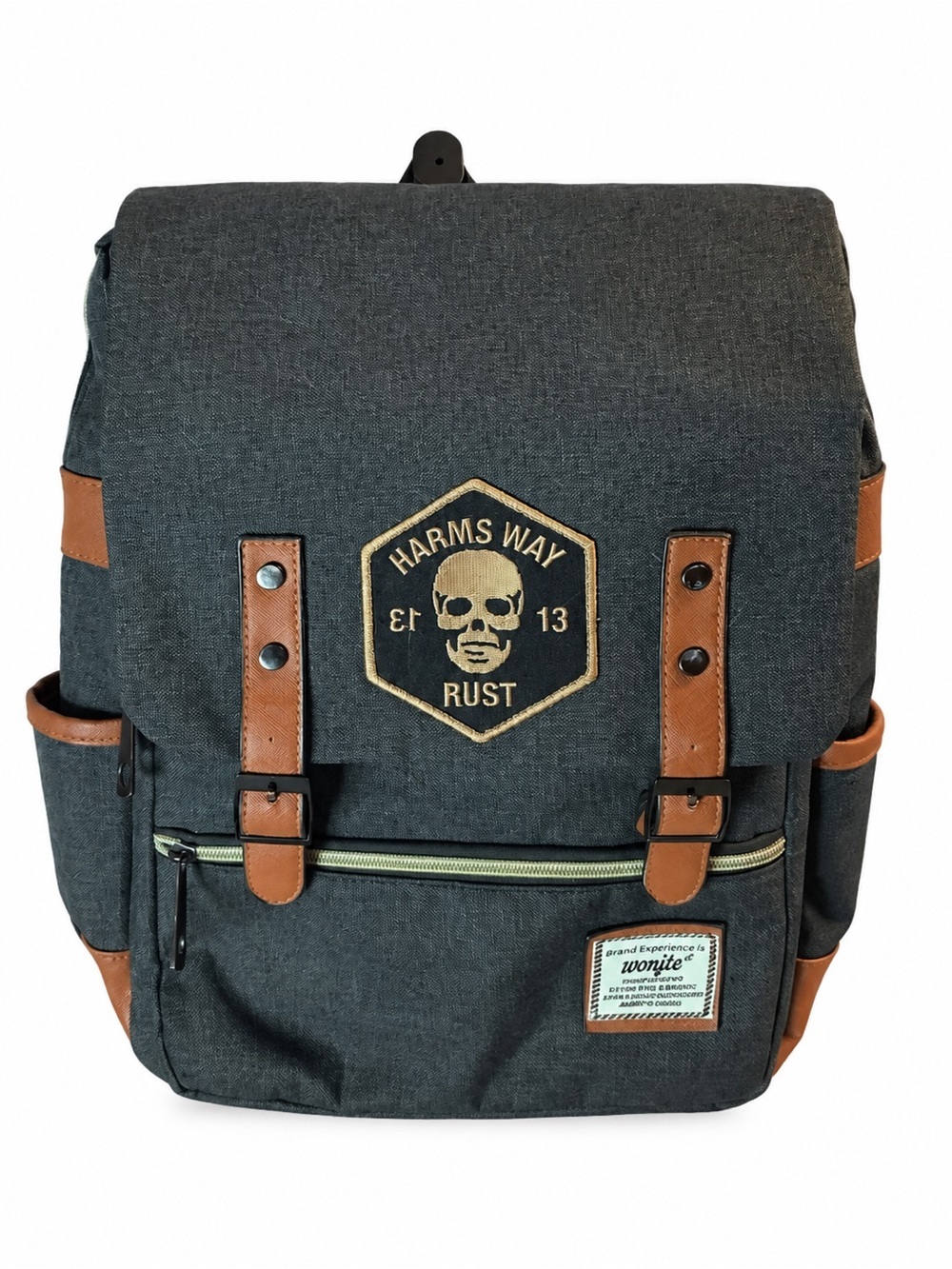 Wonito Grey Canvas Hardcore Punk Backpack with Harm's Way Skull Patch